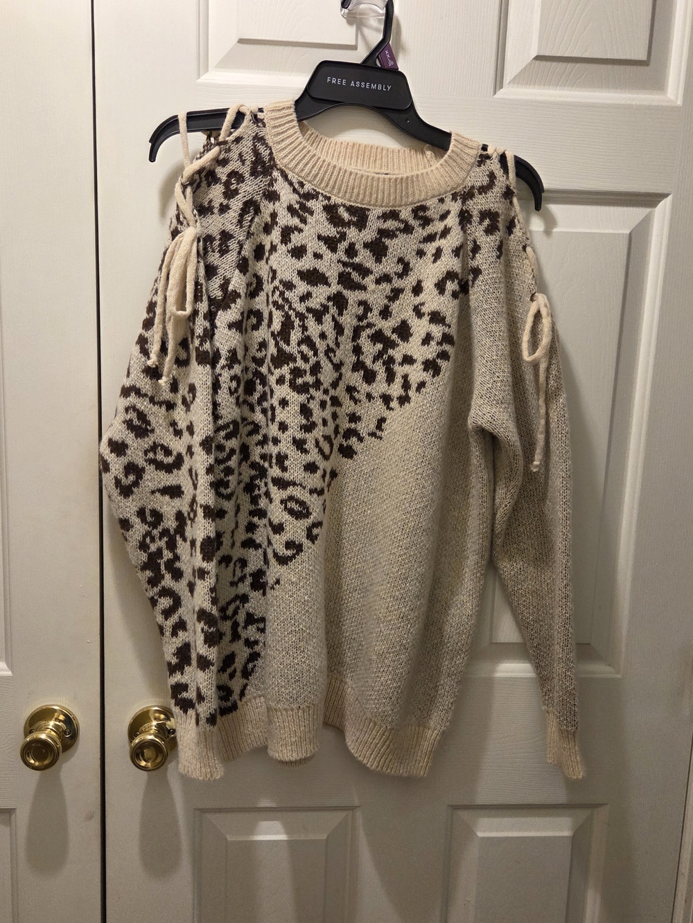 Cato Cream and Brown Leopard-Print Cold-Shoulder Sweater